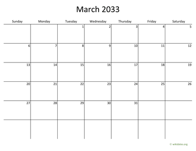 March 2033 Calendar with Bigger boxes