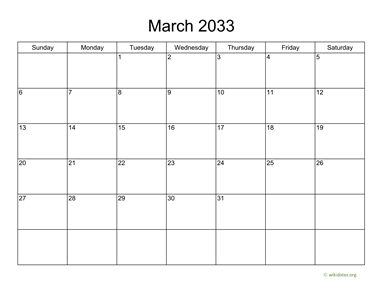 Basic Calendar for March 2033