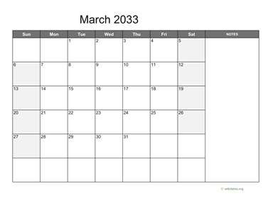 March 2033 Calendar with Notes