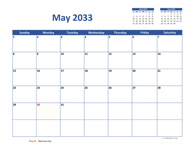 May 2033 Calendar Classic