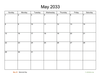 Basic Calendar for May 2033