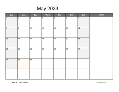 May 2033 Calendar with Notes