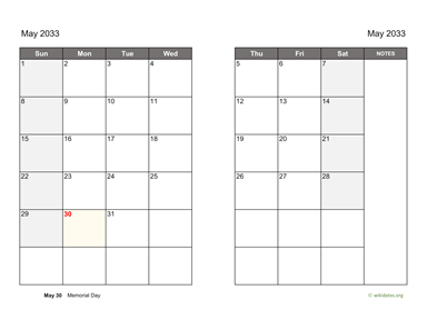 May 2033 Calendar on two pages