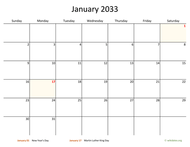 Monthly 2033 Calendar with Bigger boxes