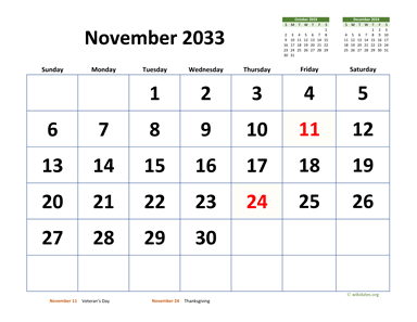 November 2033 Calendar with Extra-large Dates