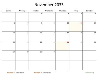 November 2033 Calendar with Bigger boxes