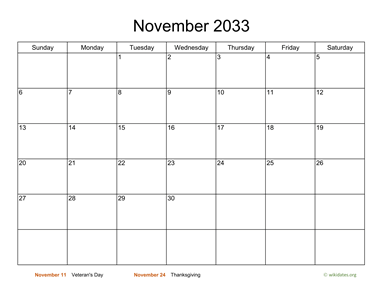 Basic Calendar for November 2033