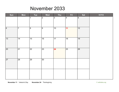 November 2033 Calendar with Notes