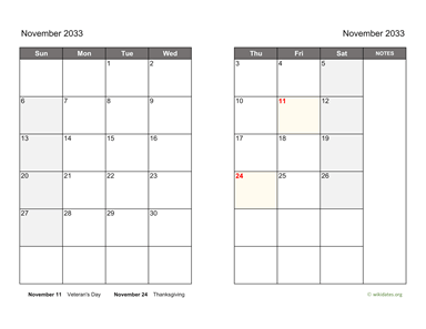 November 2033 Calendar on two pages