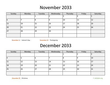 November and December 2033 Calendar Horizontal