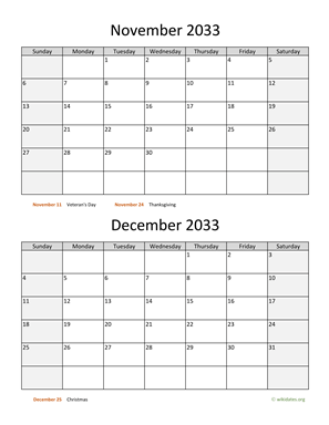 November and December 2033 Calendar Vertical