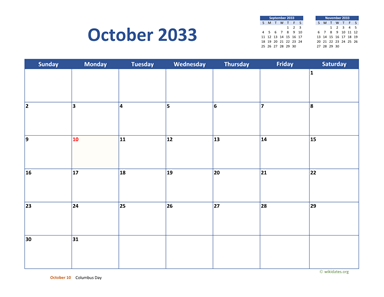 October 2033 Calendar Classic