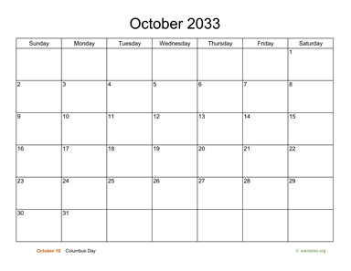 Basic Calendar for October 2033