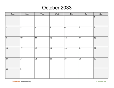 October 2033 Calendar with Weekend Shaded