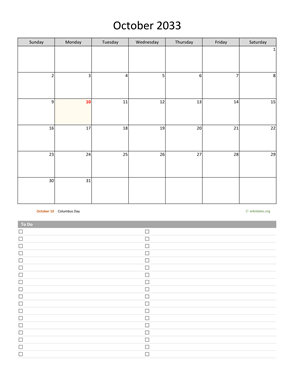 October 2033 Calendar with To-Do List