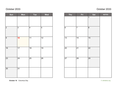 October 2033 Calendar on two pages
