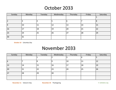 October and November 2033 Calendar Horizontal