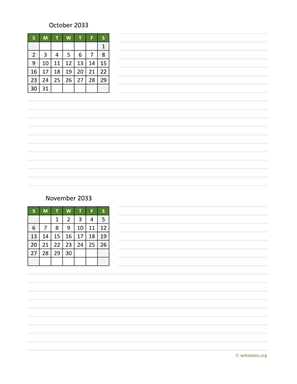 October and November 2033 Calendar with Notes