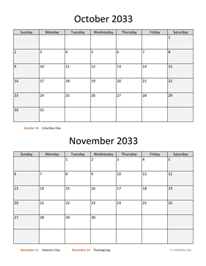 October and November 2033 Calendar Vertical