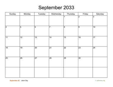 Basic Calendar for September 2033