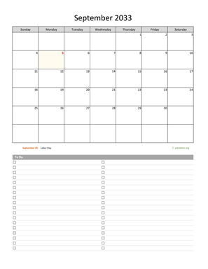 September 2033 Calendar with To-Do List