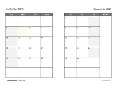 September 2033 Calendar on two pages