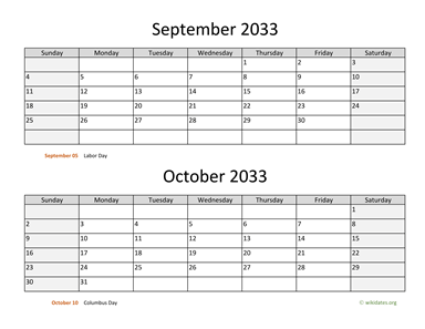 September and October 2033 Calendar Horizontal