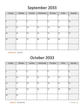 September and October 2033 Calendar Vertical