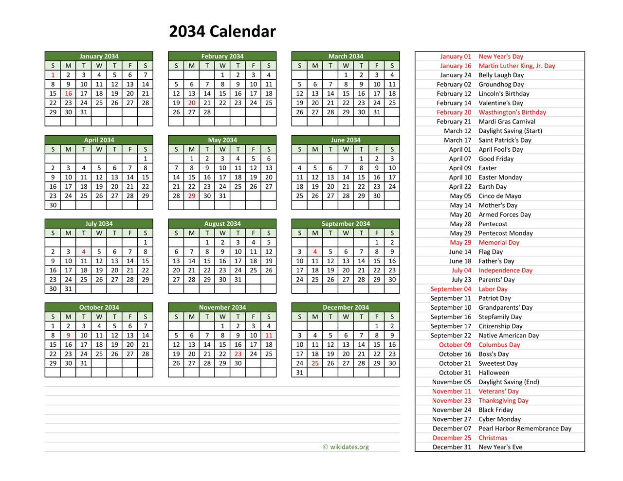 2034 Calendar with US Holidays  WikiDates.org