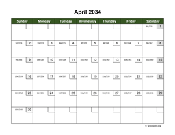 April 2034 Calendar with Day Numbers