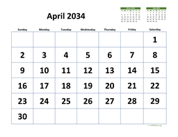 April 2034 Calendar with Extra-large Dates
