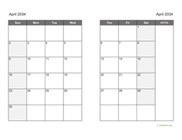 April 2034 Calendar on two pages