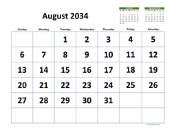 August 2034 Calendar with Extra-large Dates