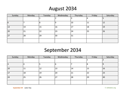 August and September 2034 Calendar