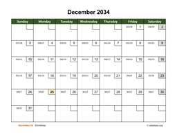 December 2034 Calendar with Day Numbers