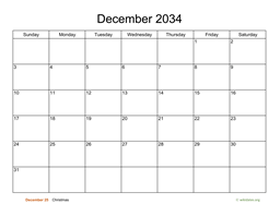 Basic Calendar for December 2034