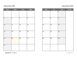 December 2034 Calendar on two pages