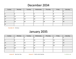 december and january 2034 calendar