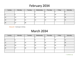 February and March 2034 Calendar