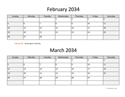 february and march 2034 calendar