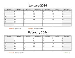 January and February 2034 Calendar