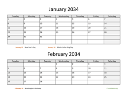 january and february 2034 calendar