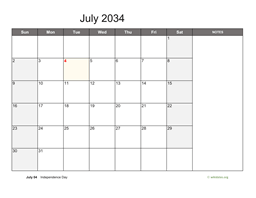 July 2034 Calendar with Notes