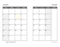 July 2034 Calendar on two pages