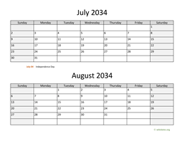 july and august 2034 calendar