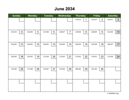 June 2034 Calendar with Day Numbers