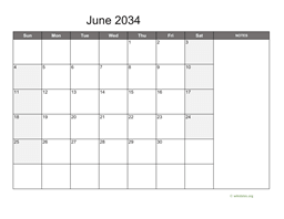 June 2034 Calendar with Notes