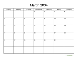Basic Calendar for March 2034