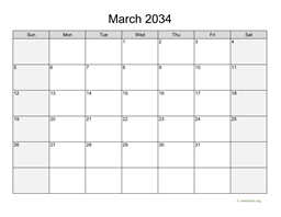 March 2034 Calendar with Weekend Shaded