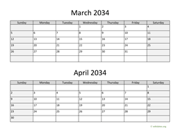 March and April 2034 Calendar